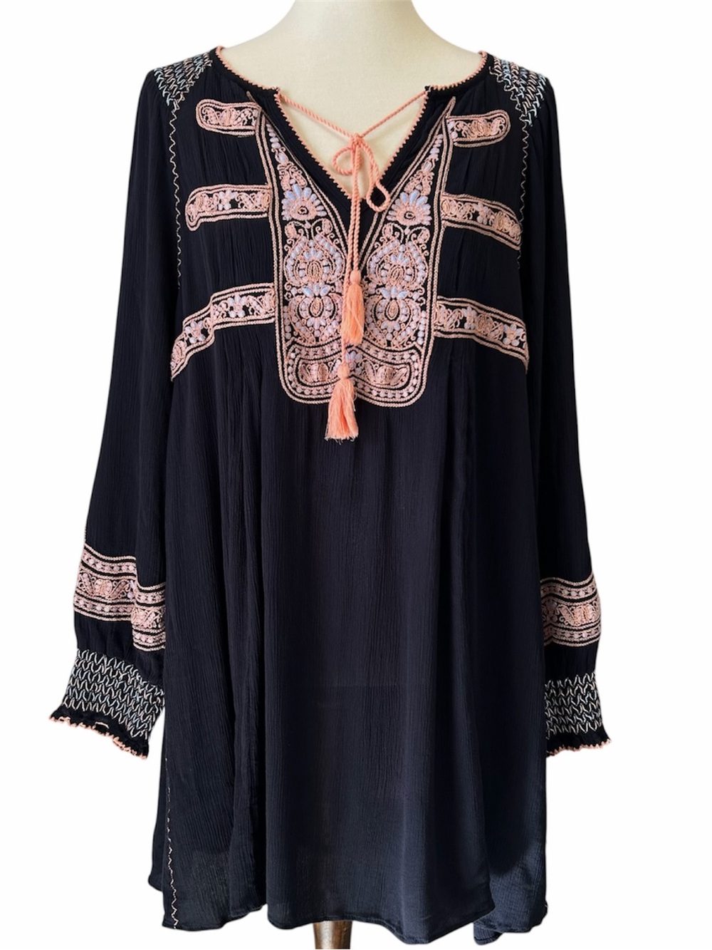 Free People Wind Willow Black Mini Dress LG Oversized Embroidered Tassel Boho